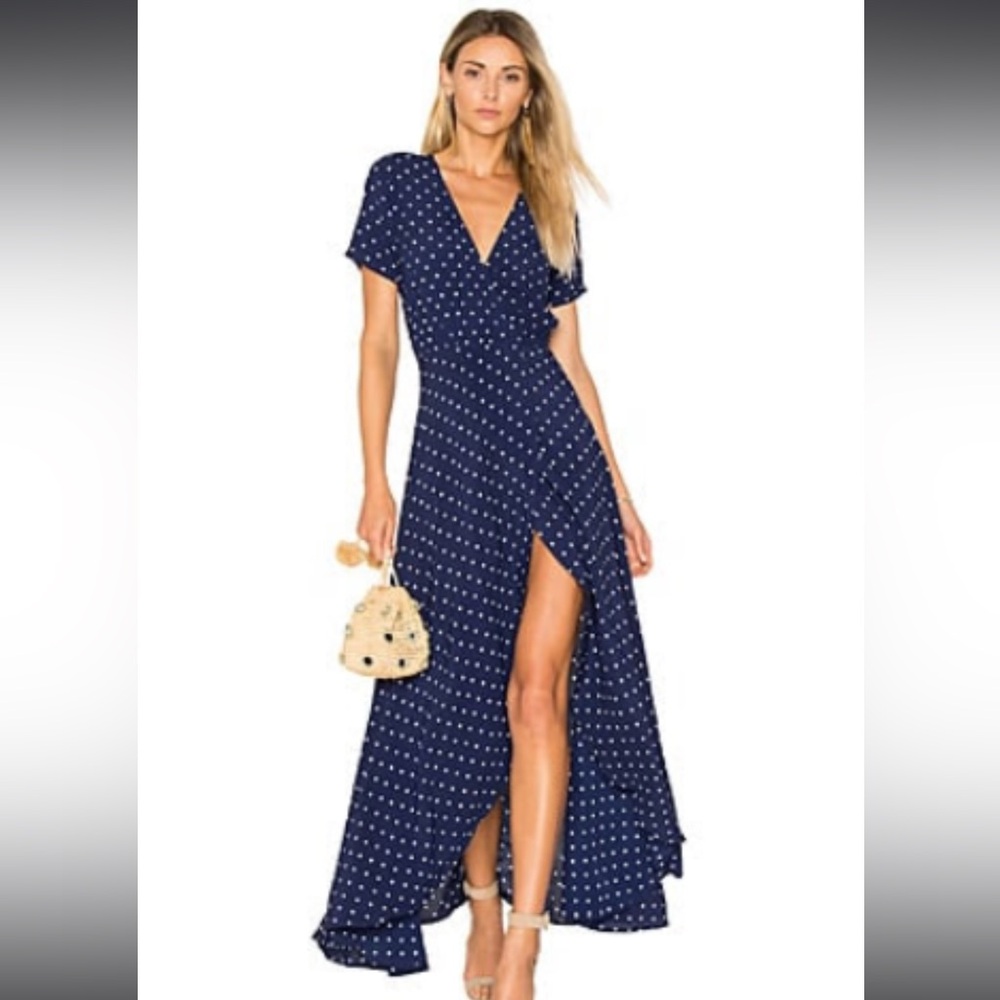 Revolve Polka dot wrap dress in US 2; navy and white